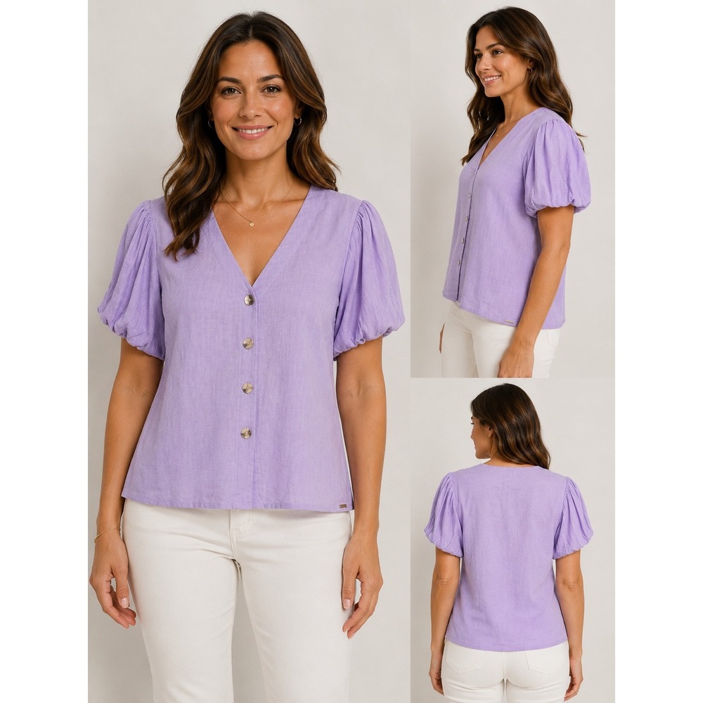 Solar Lavender Purple Linen Blend Puff Sleeve Button‎ Down Blouse Top Size 36